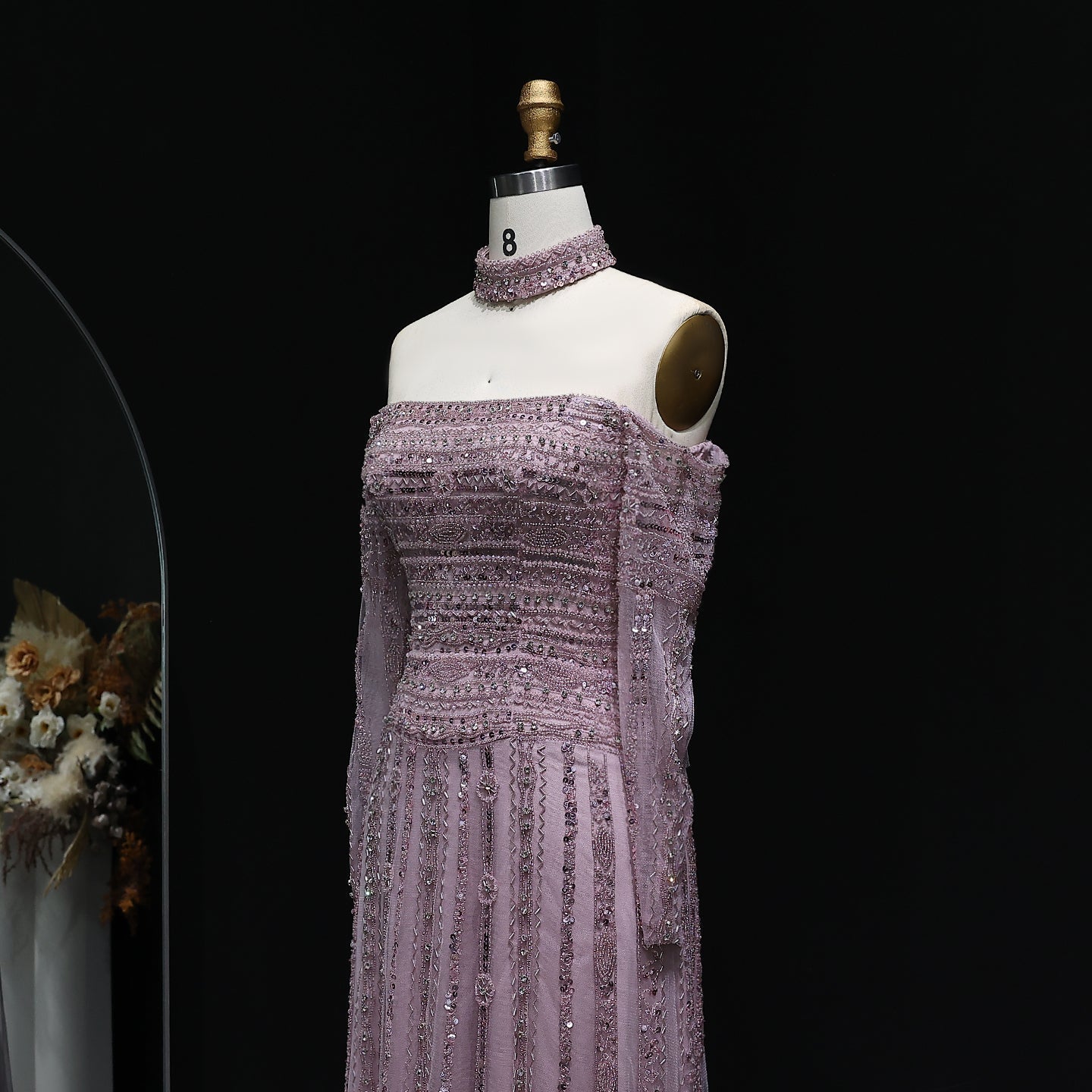 Luxury Beaded Off Shoulder Pink Evening Dress with Choker SS178