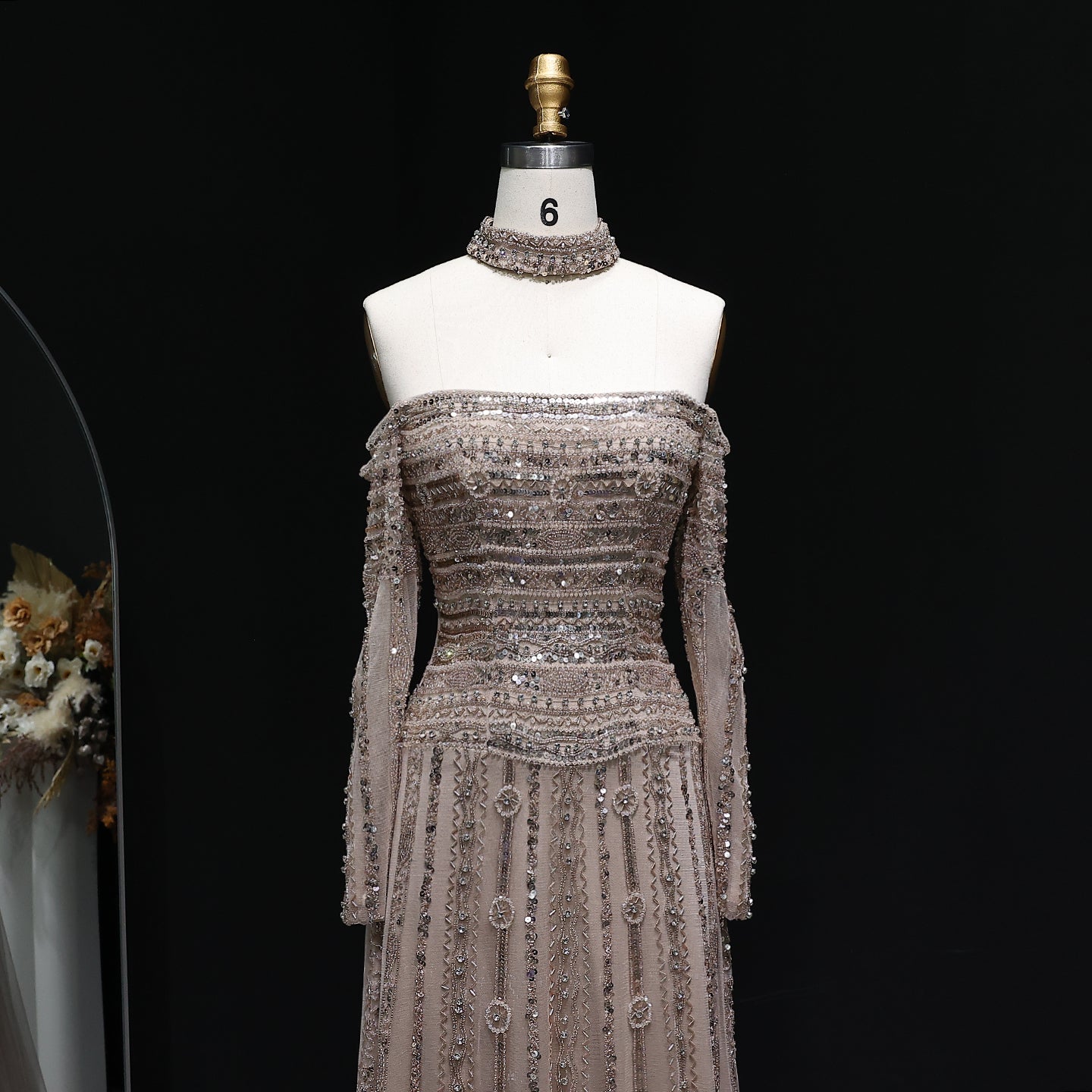 Luxury Beaded Off Shoulder Pink Evening Dress with Choker SS178