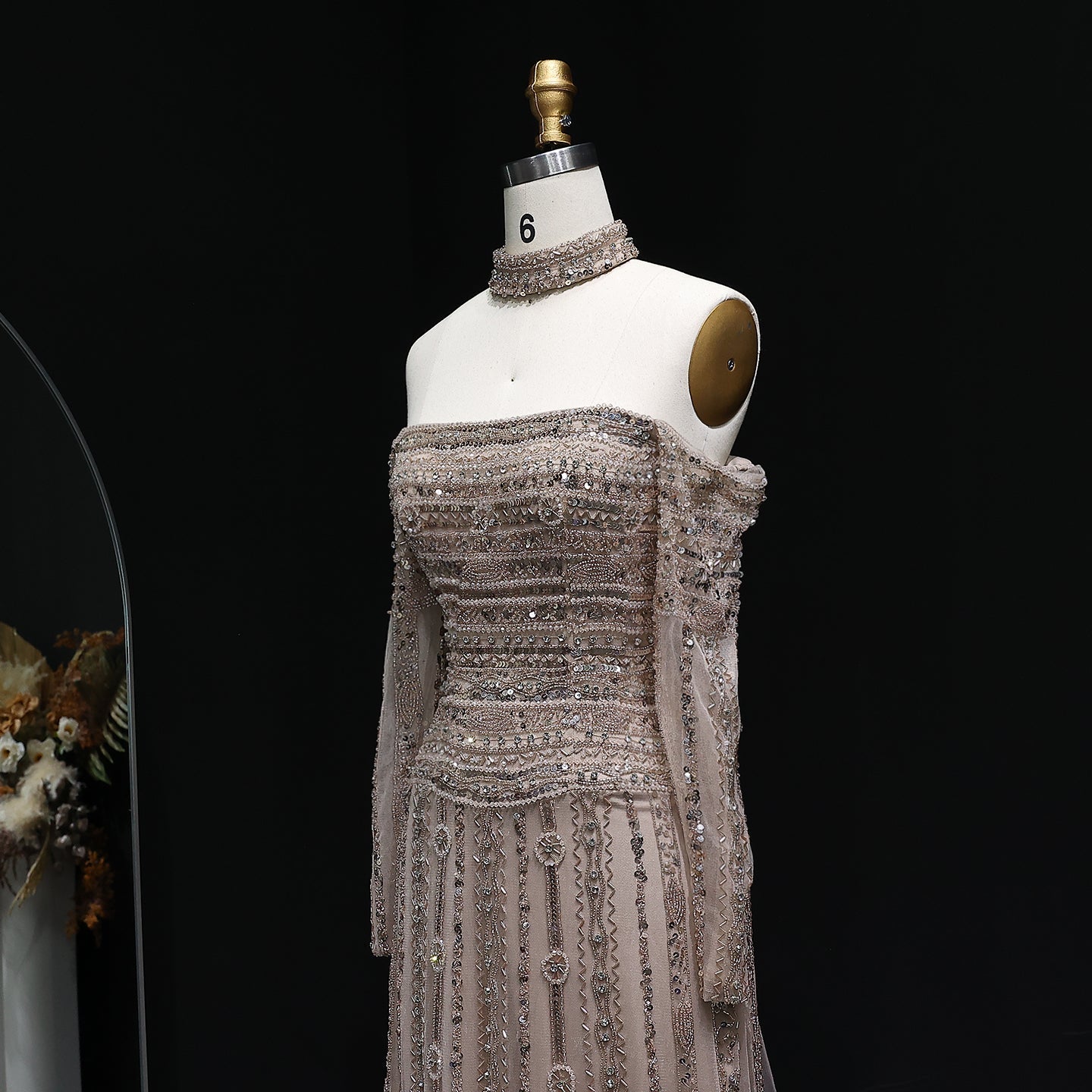 Luxury Beaded Off Shoulder Pink Evening Dress with Choker SS178