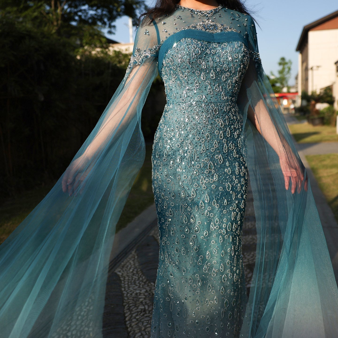 Luxury Turquoise Crystal Evening Dresses with Cape Sleeves SS666