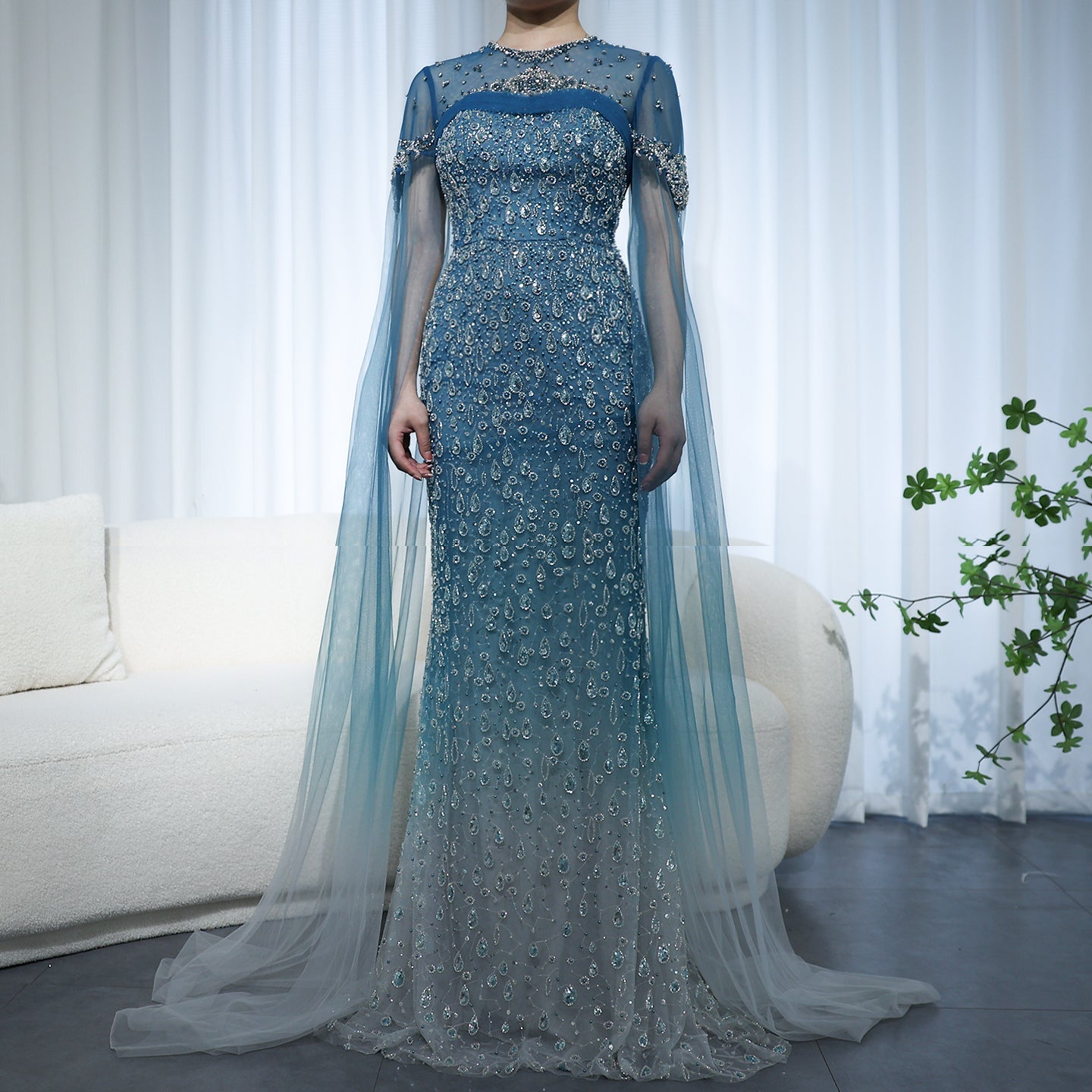 Luxury Turquoise Crystal Evening Dresses with Cape Sleeves SS666