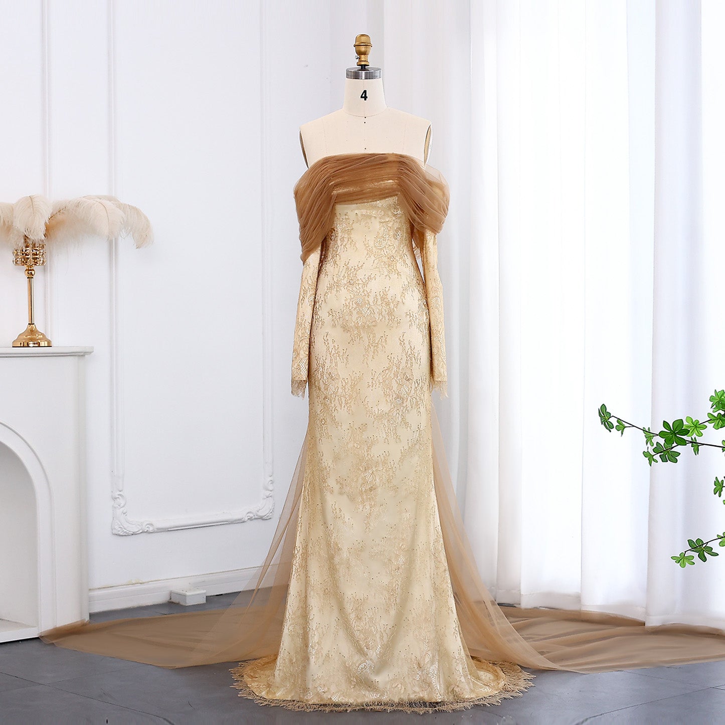 Elegant Green Off Shoulder Lace Evening Dress SF254  Champagne / US 16