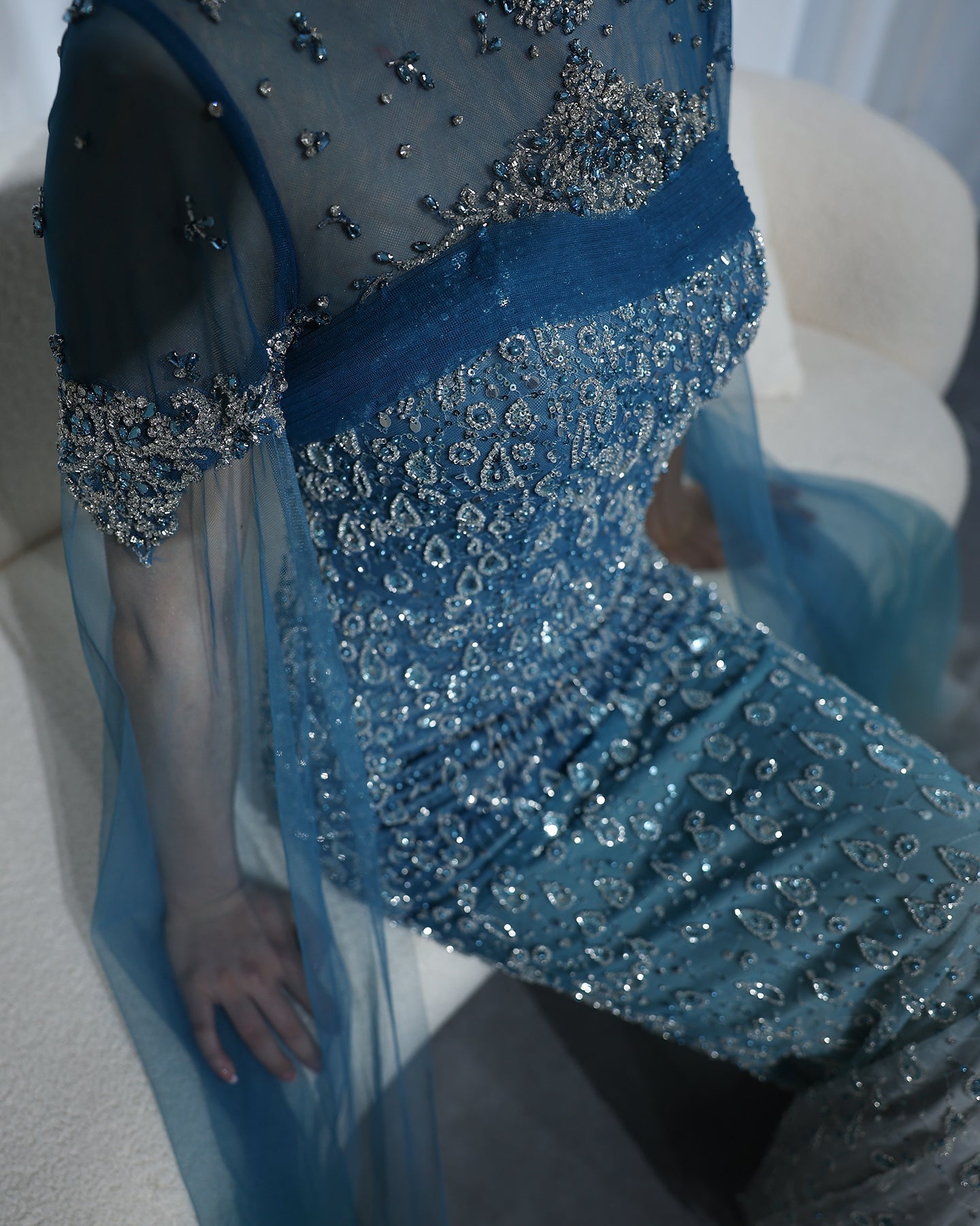 Luxury Turquoise Crystal Evening Dresses with Cape Sleeves SS666