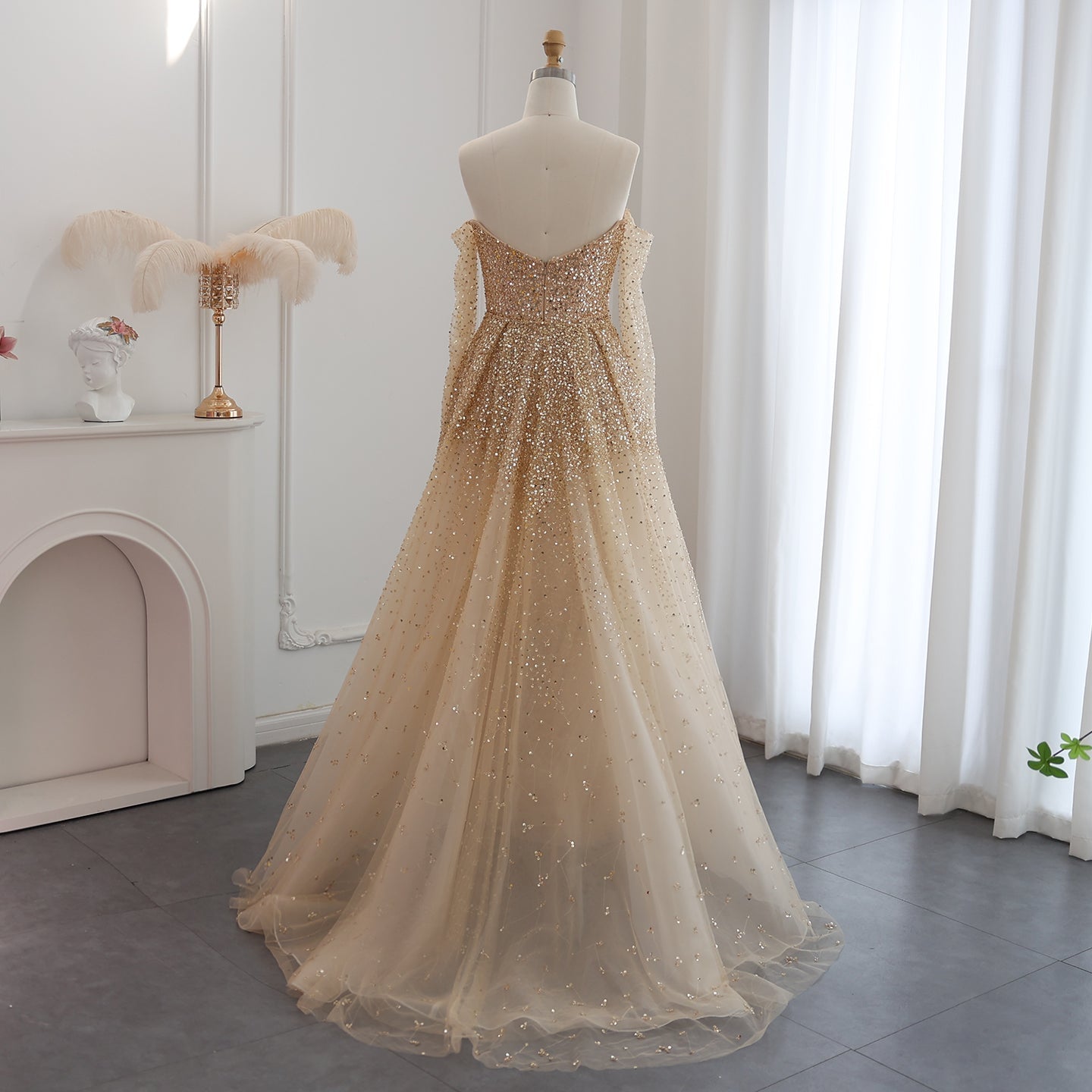 Luxury Gold Off Shoulder Evening Dress with Detachable Overskirt SS170