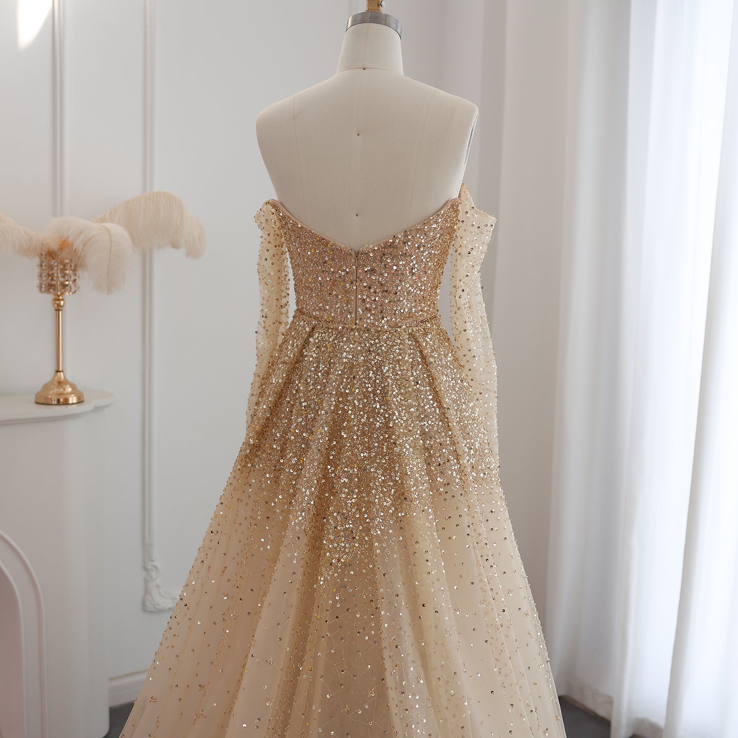 Luxury Gold Off Shoulder Evening Dress with Detachable Overskirt SS170