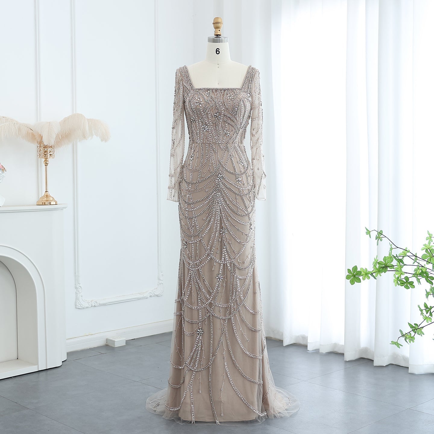 Luxury Green Long Sleeves Square Neck Evening Dress SS163  Champagne / US 18