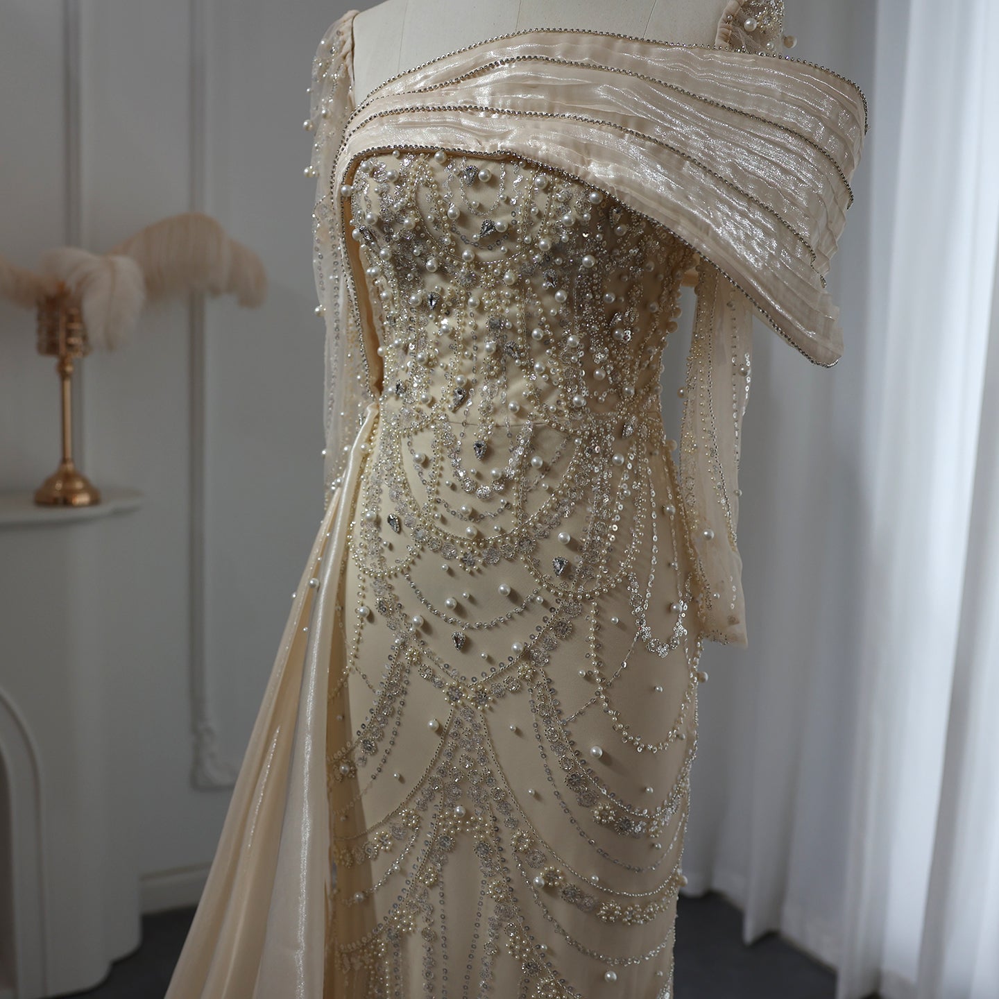 Luxury Nude Crystal Evening Dress with Overskirt SS256