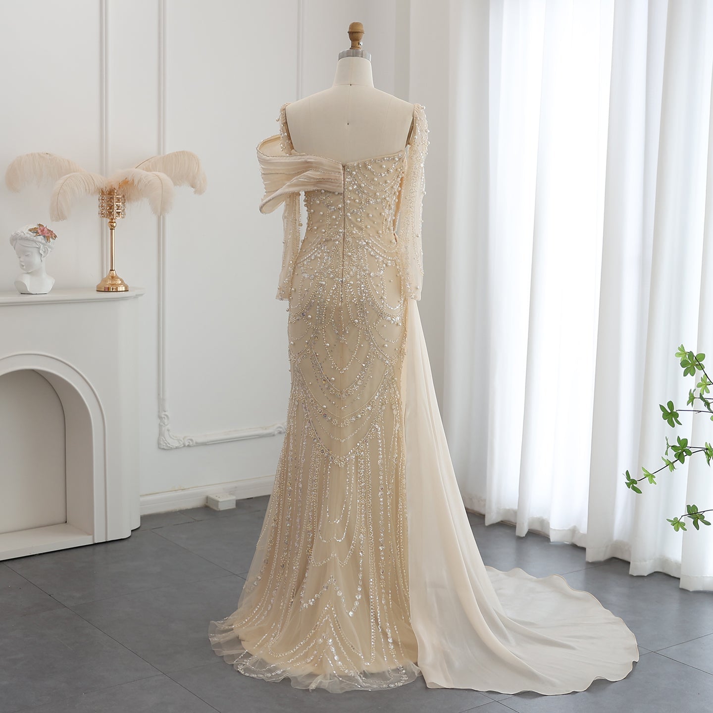 Luxury Nude Crystal Evening Dress with Overskirt SS256