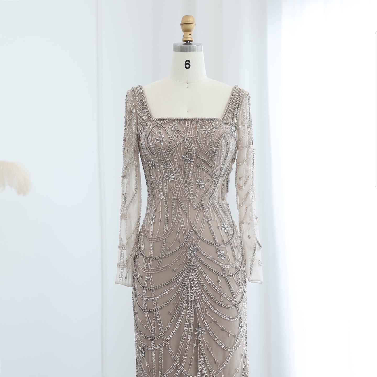 Luxury Green Long Sleeves Square Neck Evening Dress SS163