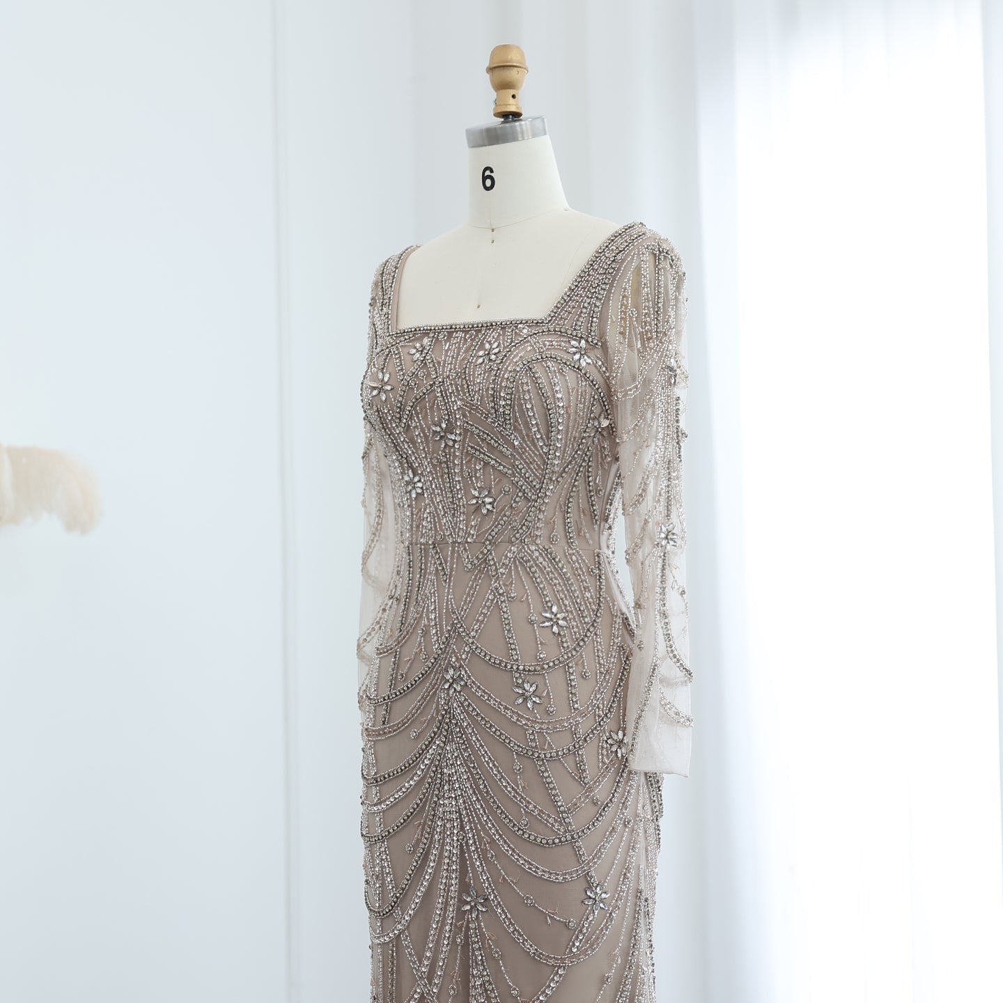 Luxury Green Long Sleeves Square Neck Evening Dress SS163