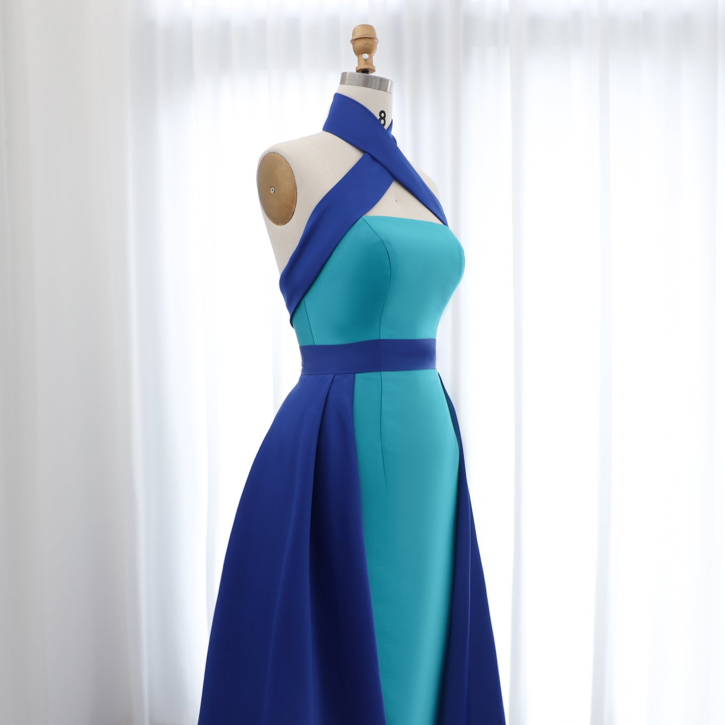 Royal Blue Criss Cross Halter Evening Dress with Overskirt SF012