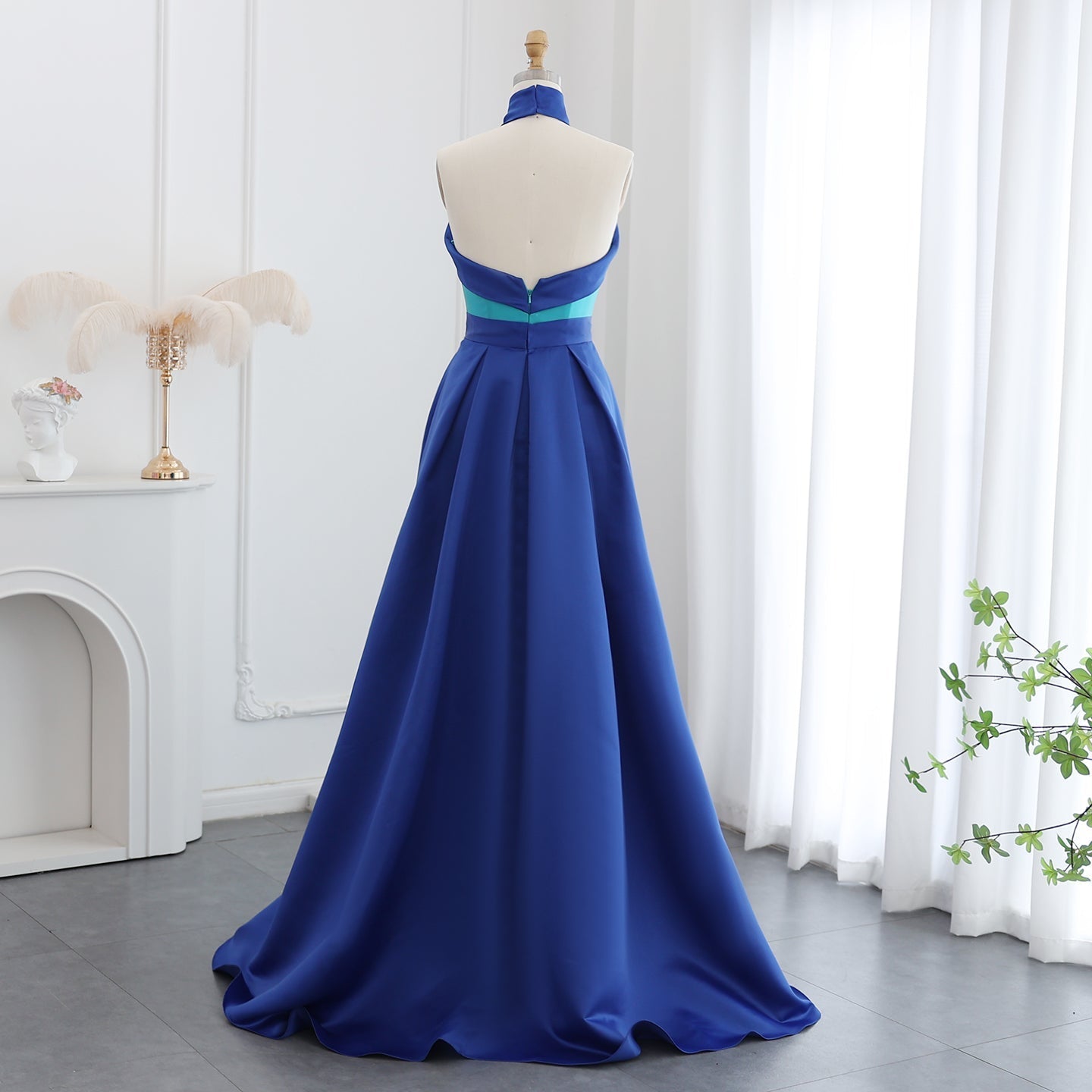 Royal Blue Criss Cross Halter Evening Dress with Overskirt SF012