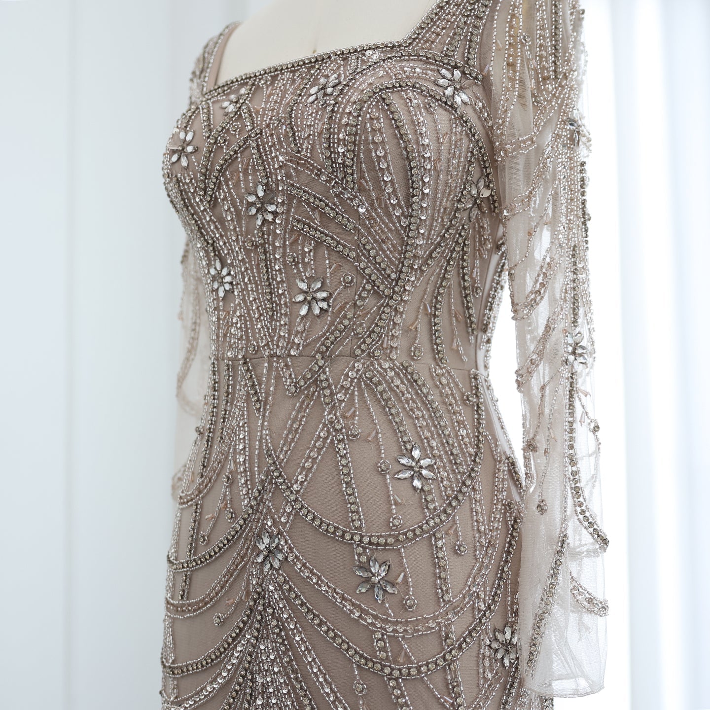 Luxury Green Long Sleeves Square Neck Evening Dress SS163