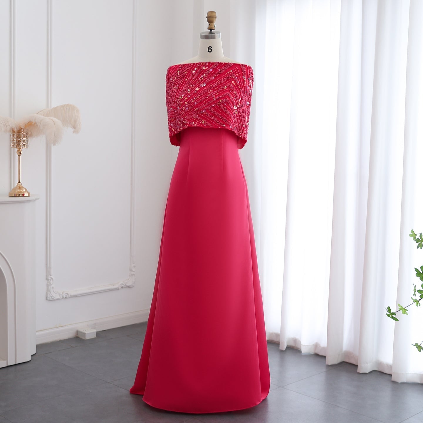 Elegant Off Shoulder Fuchsia Evening Dress with Cape SS482  Fuchsia / US 16