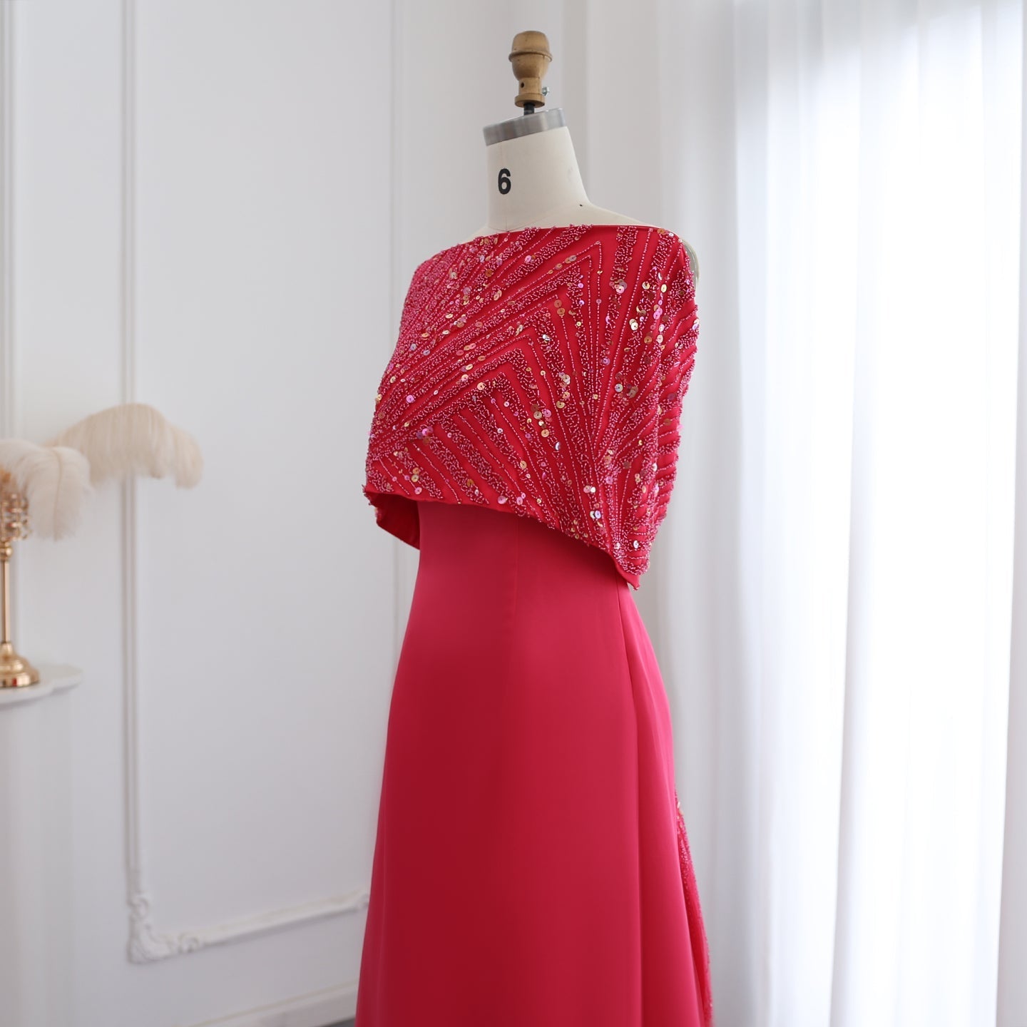 Elegant Off Shoulder Fuchsia Evening Dress with Cape SS482