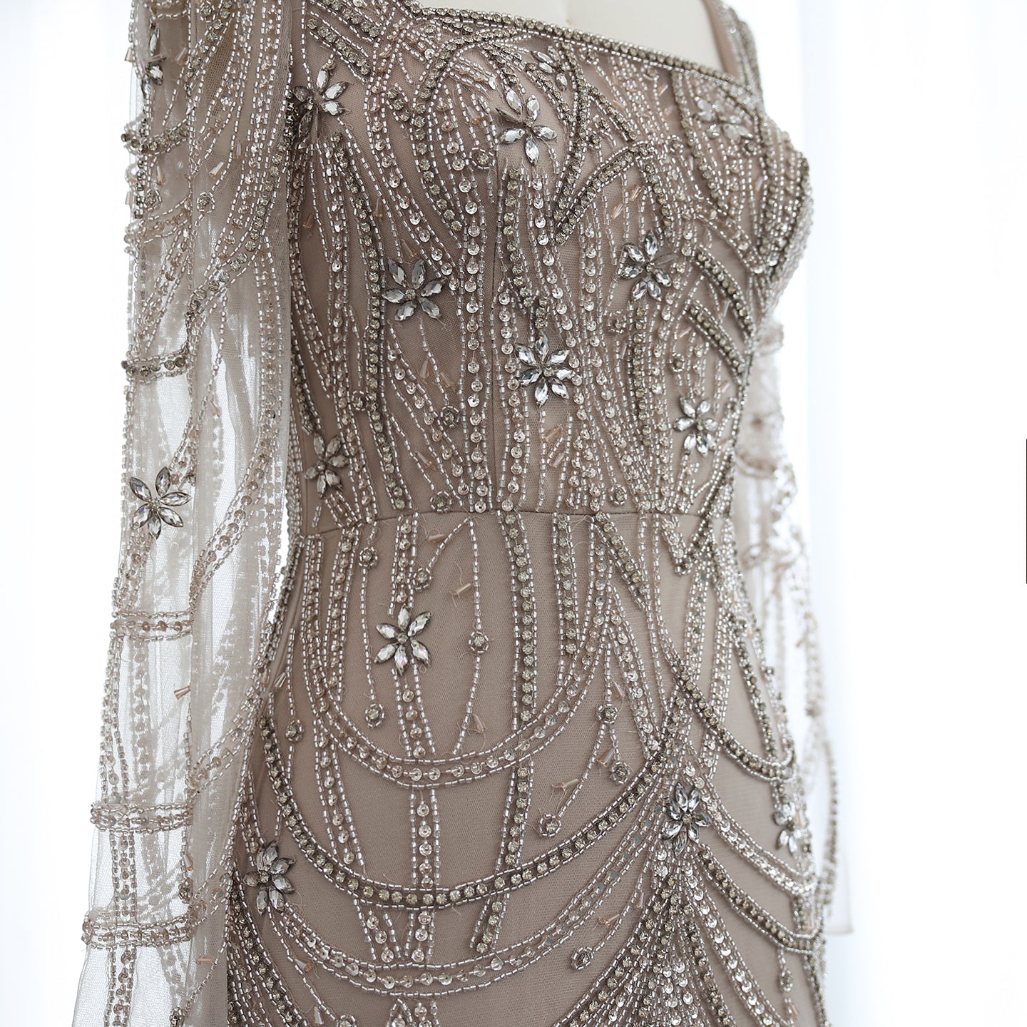 Luxury Green Long Sleeves Square Neck Evening Dress SS163