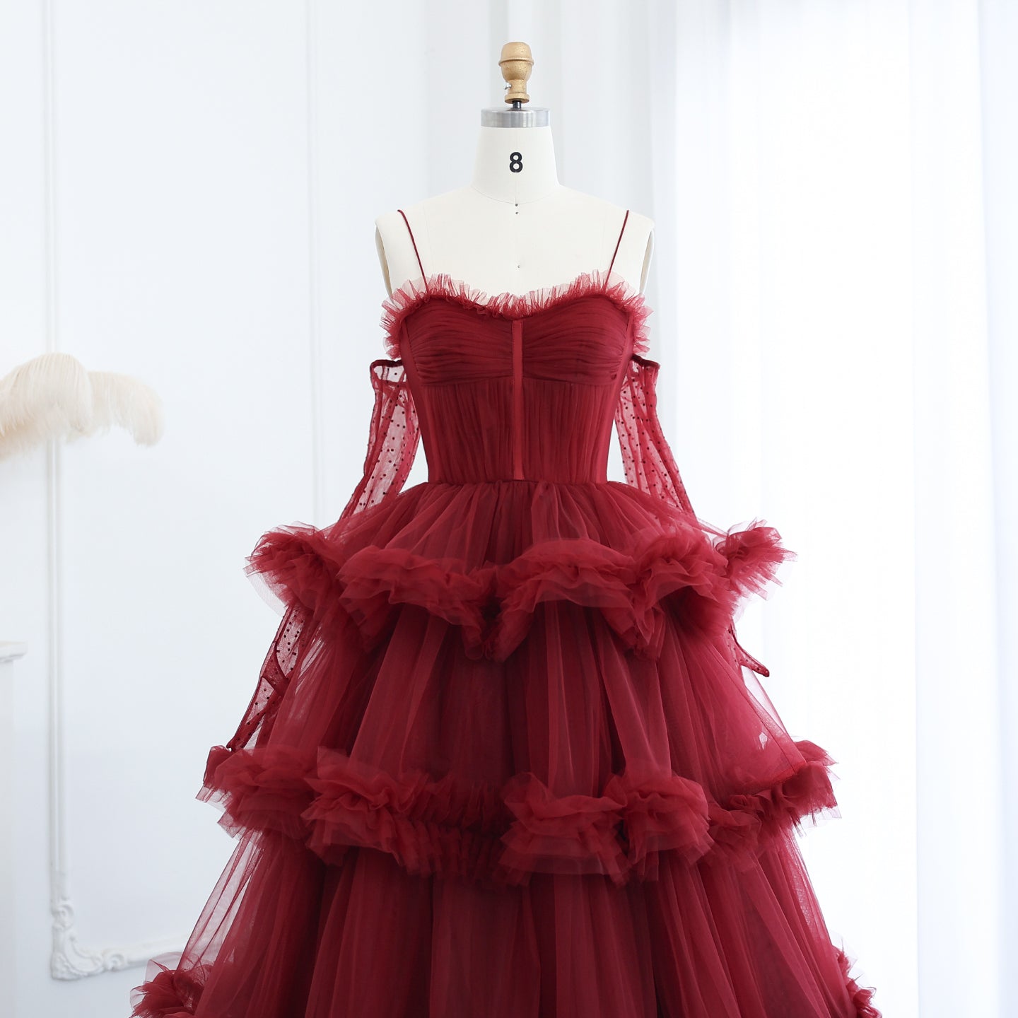 Burgundy Tulle Tiered Ruffles Evening Dresses with Gloves SS309