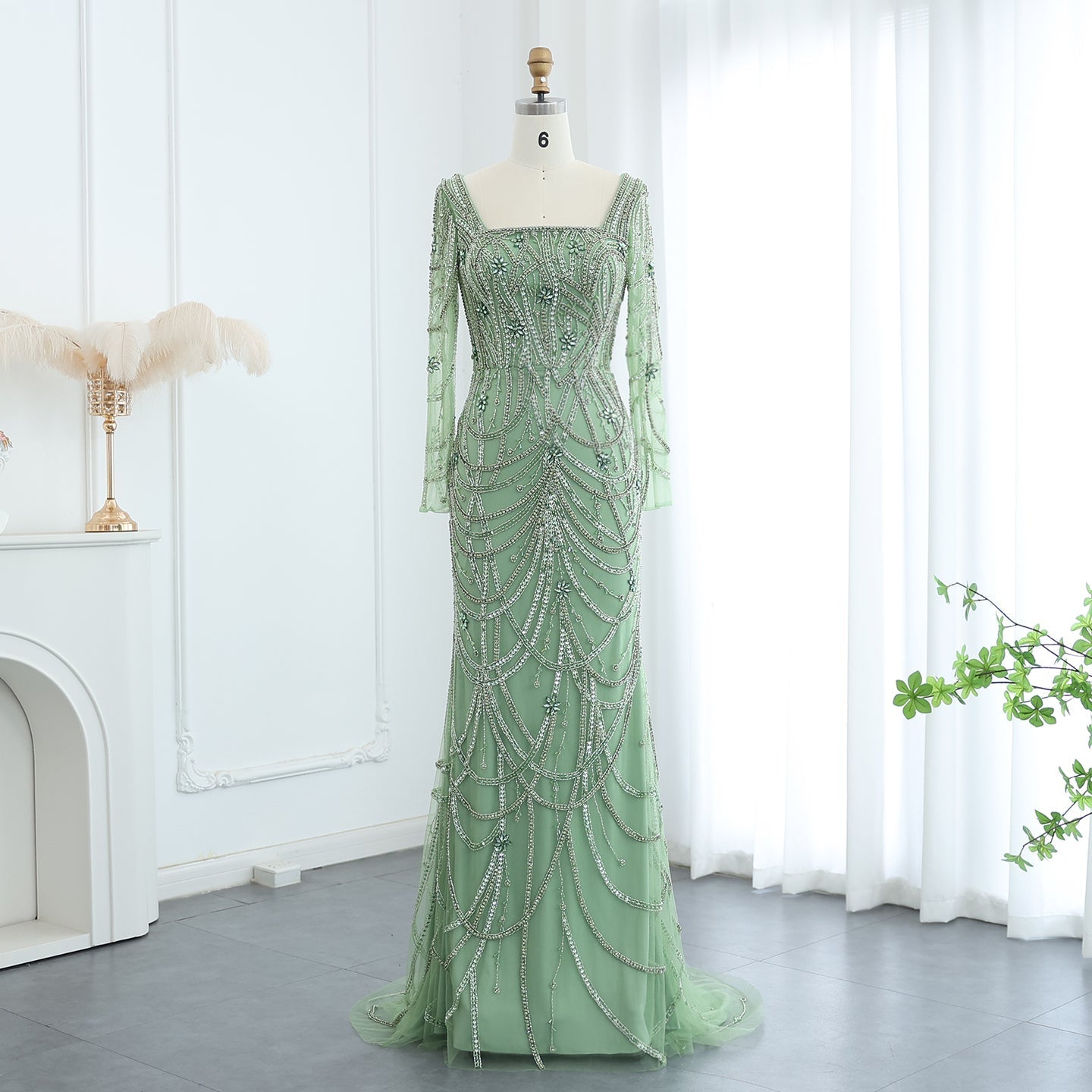 Luxury Green Long Sleeves Square Neck Evening Dress SS163  Green / US 18