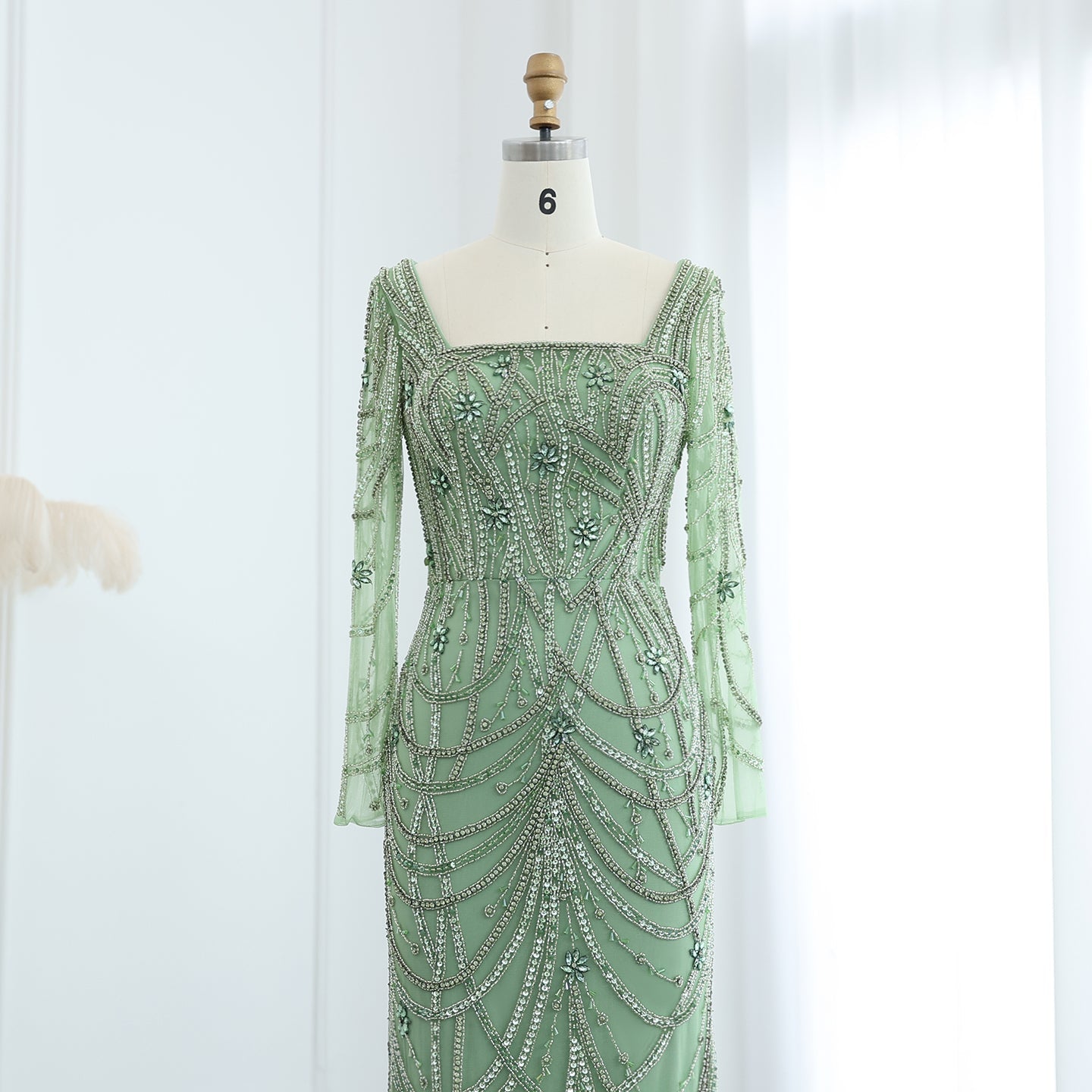 Luxury Green Long Sleeves Square Neck Evening Dress SS163