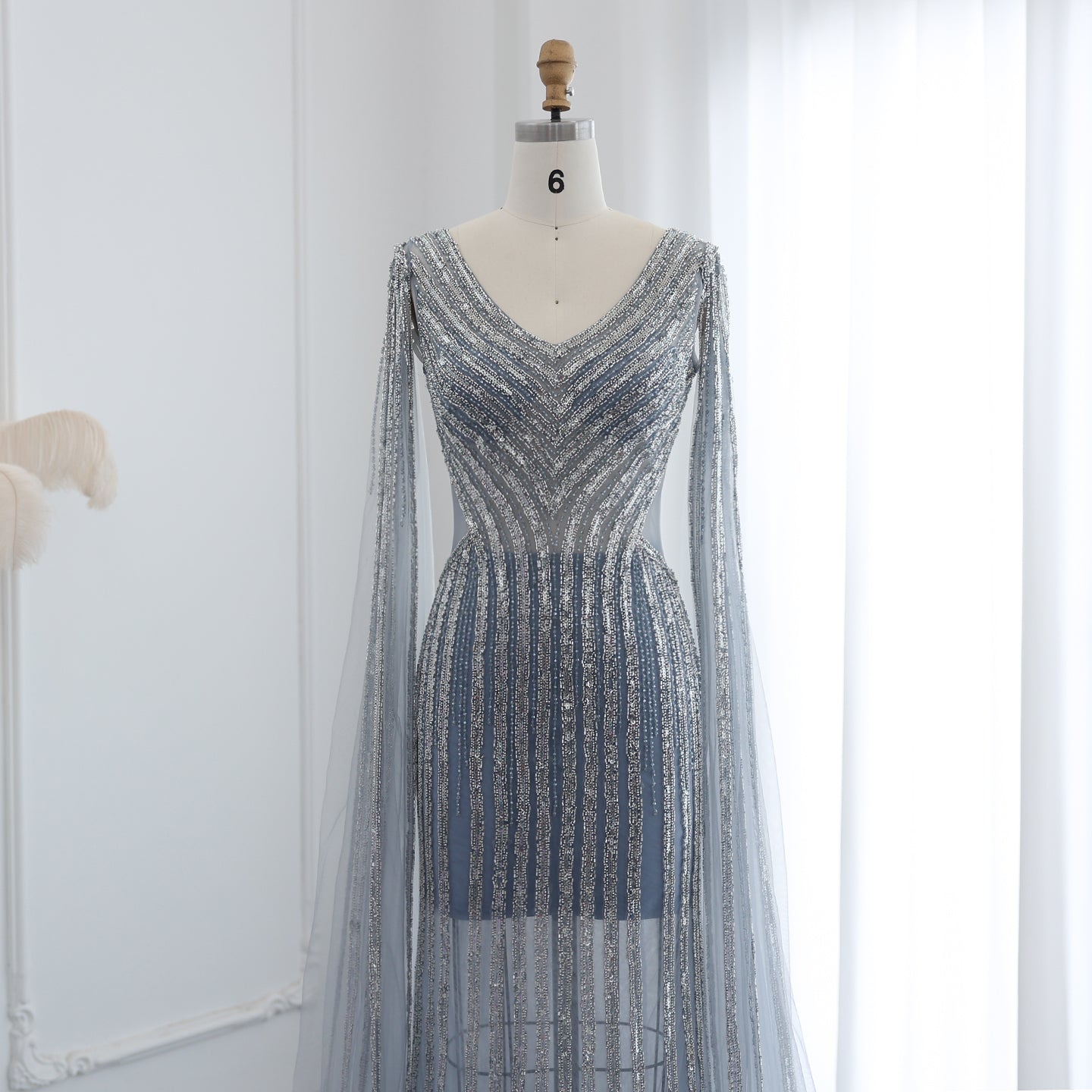 Luxury Beaded Blue Evening Dress with Cape Sleeves SS251