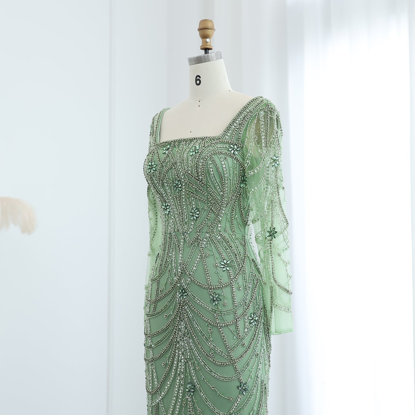 Luxury Green Long Sleeves Square Neck Evening Dress SS163