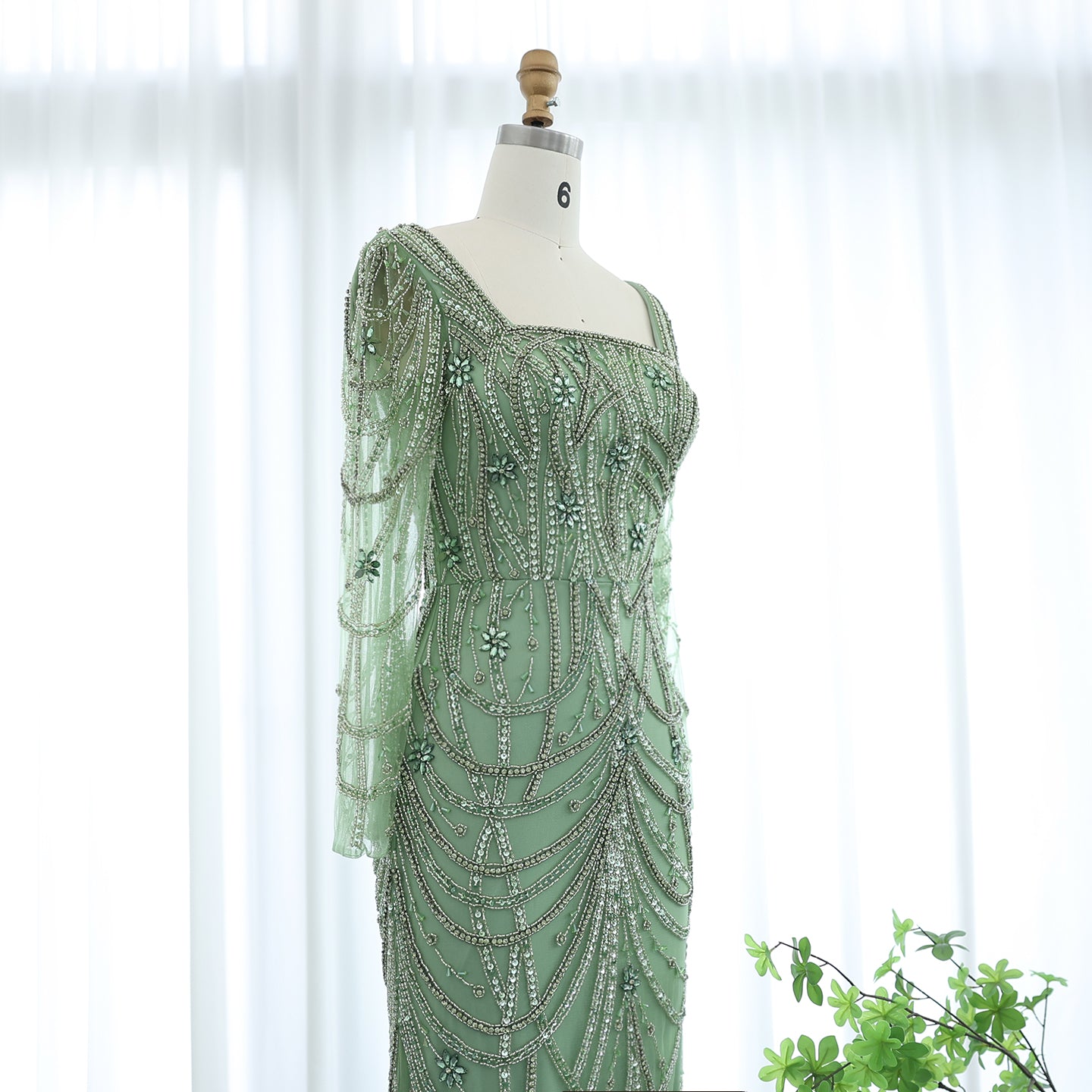Luxury Green Long Sleeves Square Neck Evening Dress SS163