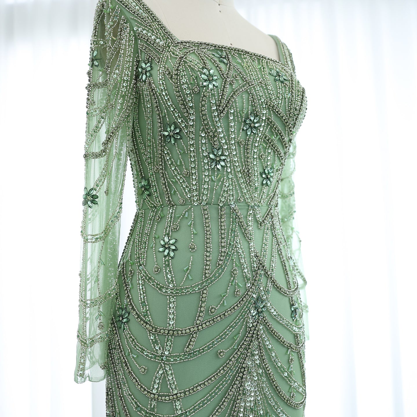 Luxury Green Long Sleeves Square Neck Evening Dress SS163