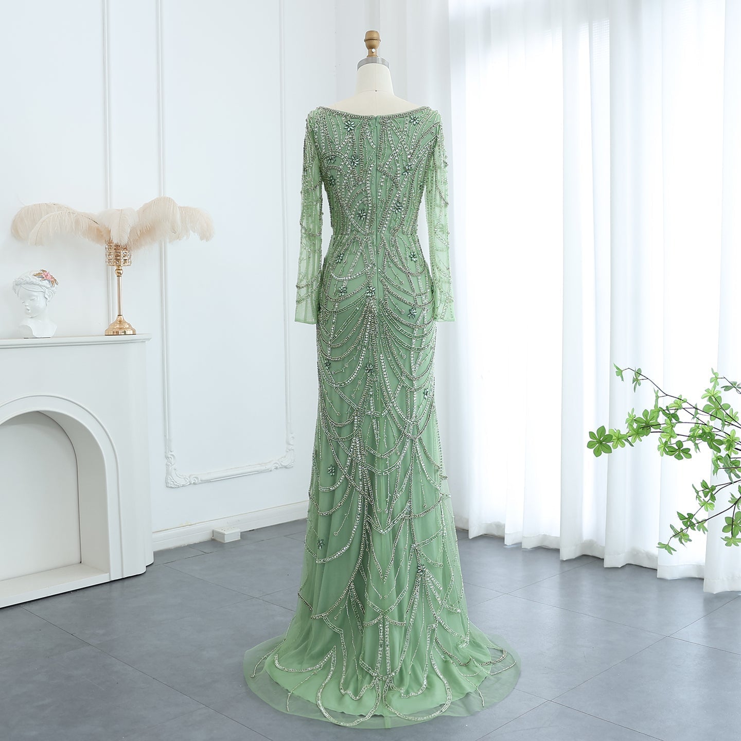 Luxury Green Long Sleeves Square Neck Evening Dress SS163