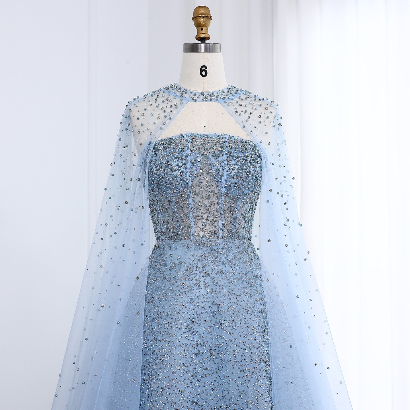 Sparkly Crystal Turquoise Evening Dress with Cape SS651