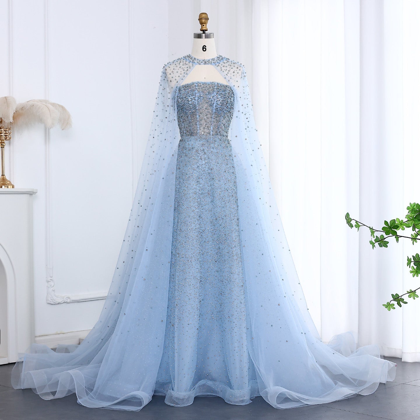 Sparkly Crystal Turquoise Evening Dress with Cape SS651  Blue / US 16
