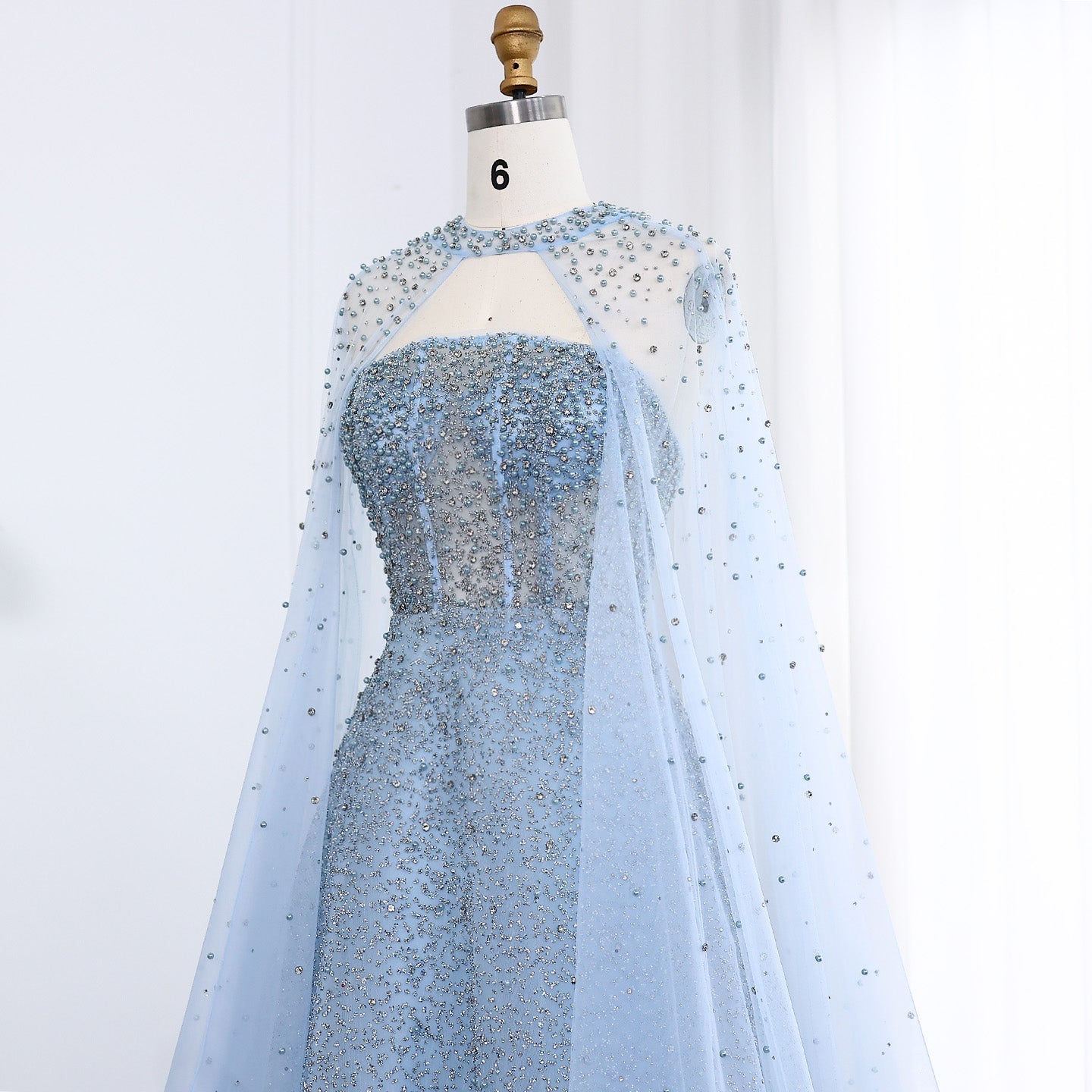 Sparkly Crystal Turquoise Evening Dress with Cape SS651
