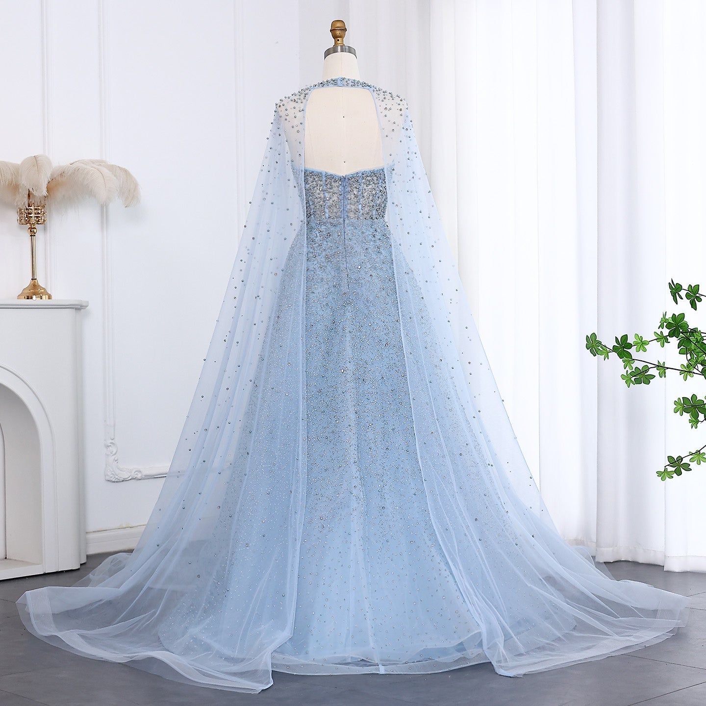 Sparkly Crystal Turquoise Evening Dress with Cape SS651