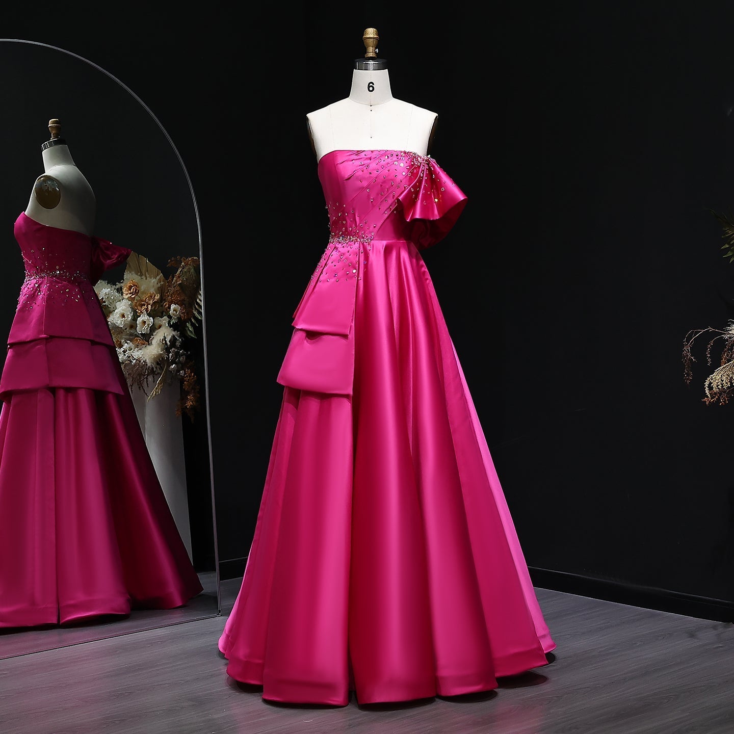 Elegant Gold One Shoulder Satin Evening Dress SS592  Fuchsia / US 18