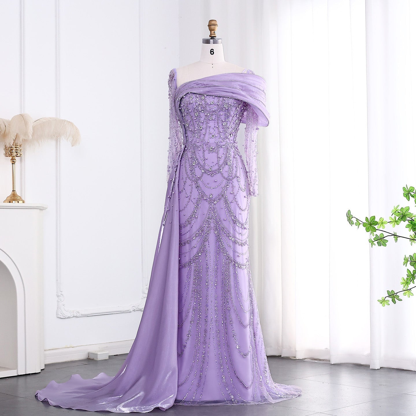 Luxury Nude Crystal Evening Dress with Overskirt SS256  Lilac / US 20