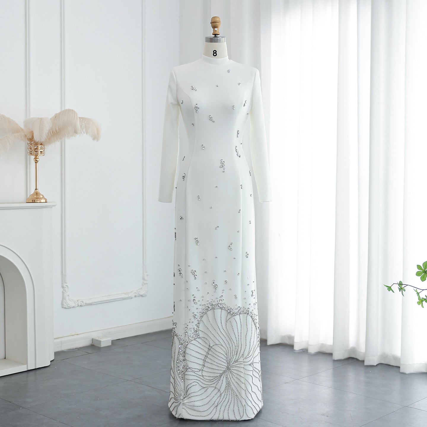 Luxury Crystal White Muslim Long Sleeves Evening Dress SS258  White / US 8