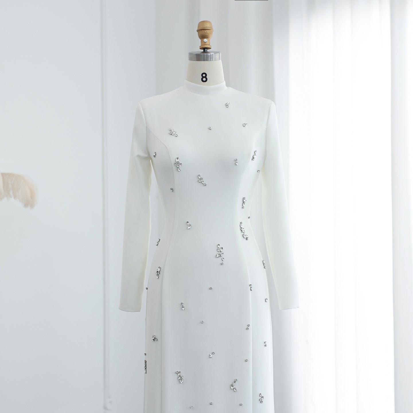 Luxury Crystal White Muslim Long Sleeves Evening Dress SS258