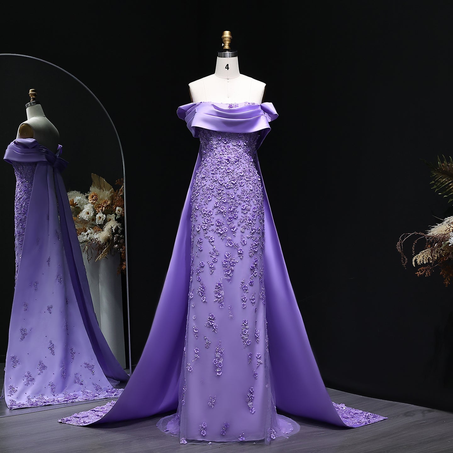 Elegant Crystal Lilac Mermaid Evening Dress with Overskirt SS555