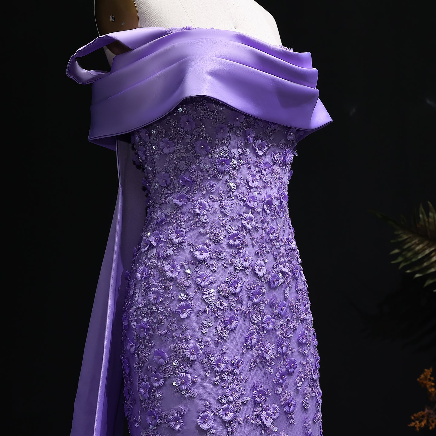 Elegant Crystal Lilac Mermaid Evening Dress with Overskirt SS555