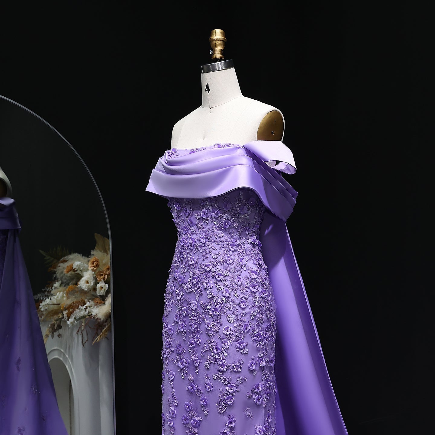 Elegant Crystal Lilac Mermaid Evening Dress with Overskirt SS555