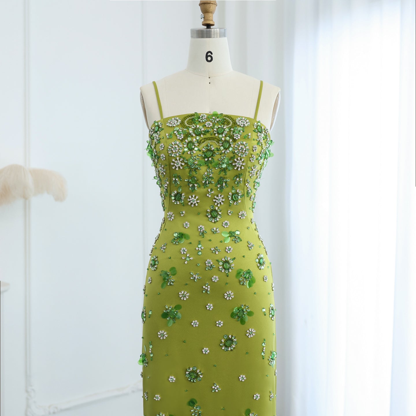 Luxury 3D Floral Beaded Short Green Spaghetti Evening Dress SS233