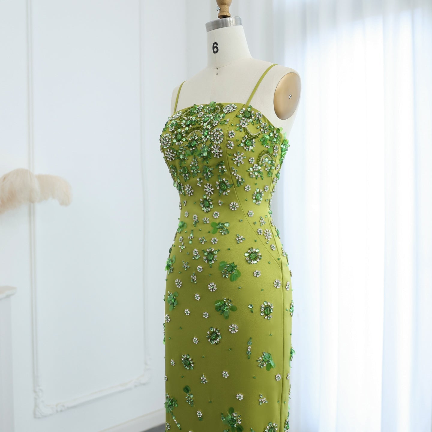 Luxury 3D Floral Beaded Short Green Spaghetti Evening Dress SS233
