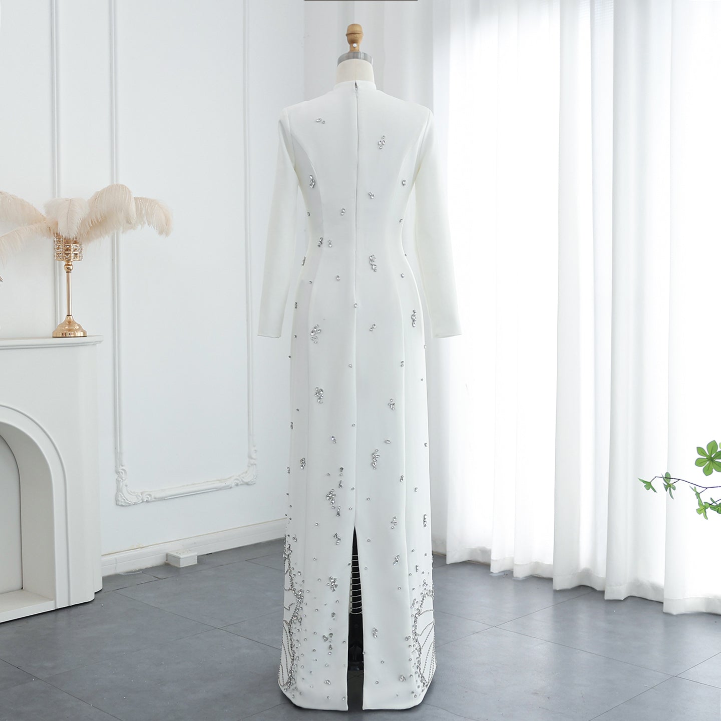 Luxury Crystal White Muslim Long Sleeves Evening Dress SS258