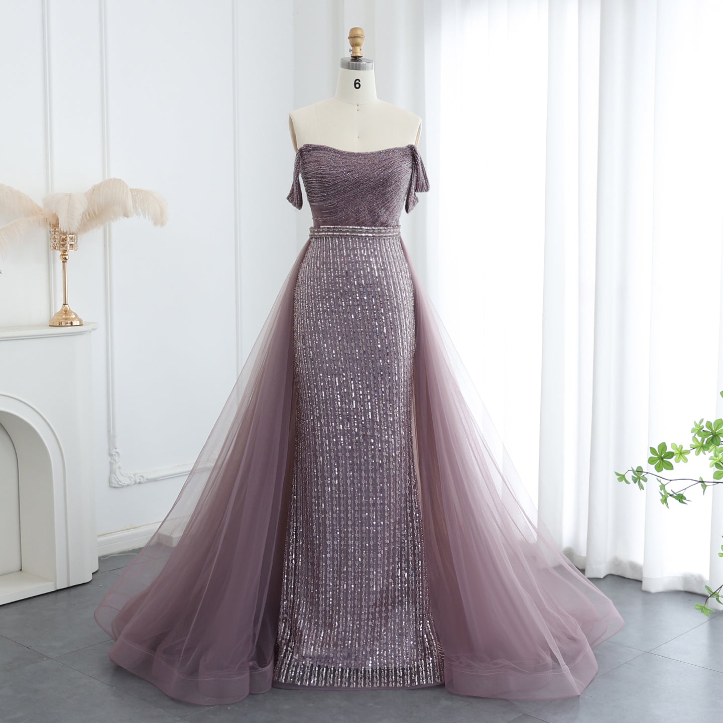 Luxury Beaded Purple Evening Dress with Overskirt SS137