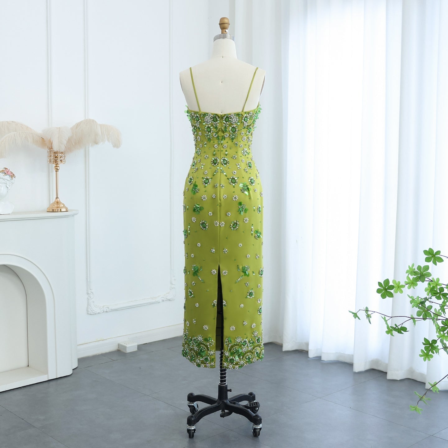 Luxury 3D Floral Beaded Short Green Spaghetti Evening Dress SS233