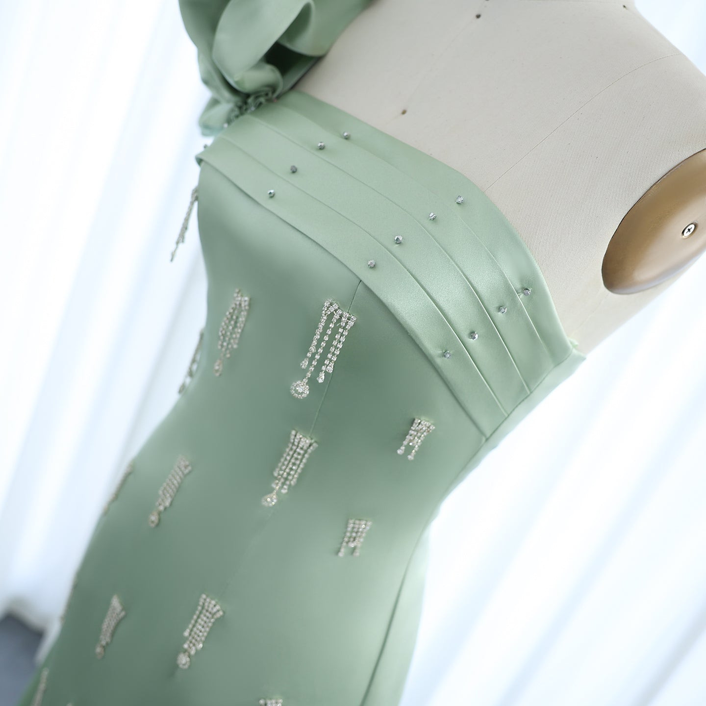 Sage Green One-Shoulder Tassel Evening Dress with Cape SS368