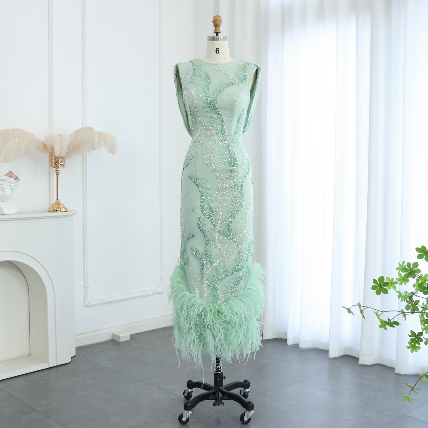 Luxury Feather Sage Green Criss Cross Evening Dress SS436  Sage Green / US 16