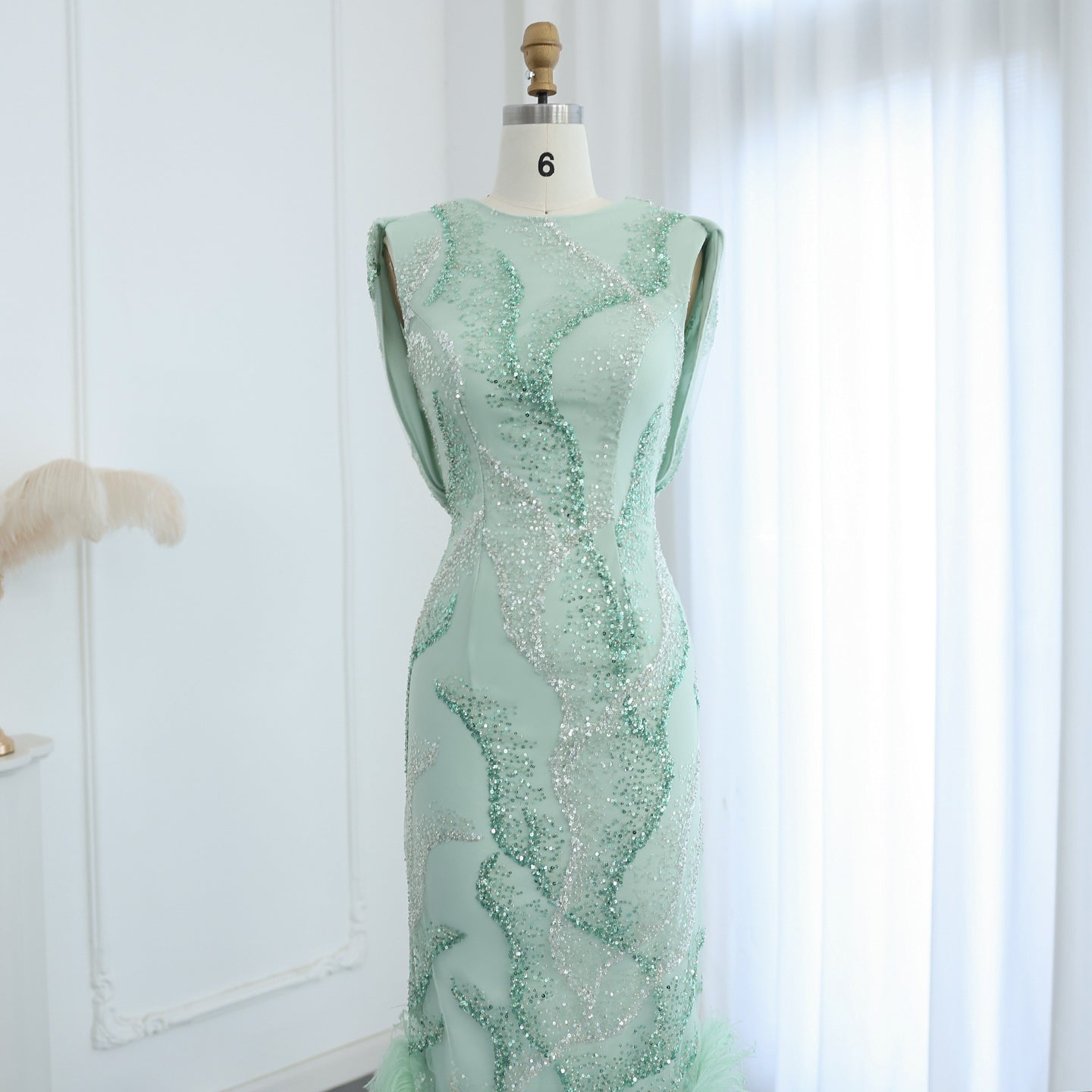 Luxury Feather Sage Green Criss Cross Evening Dress SS436