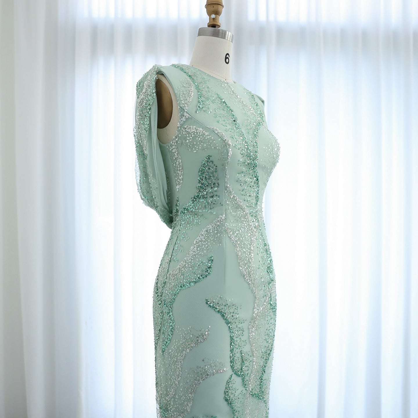 Luxury Feather Sage Green Criss Cross Evening Dress SS436