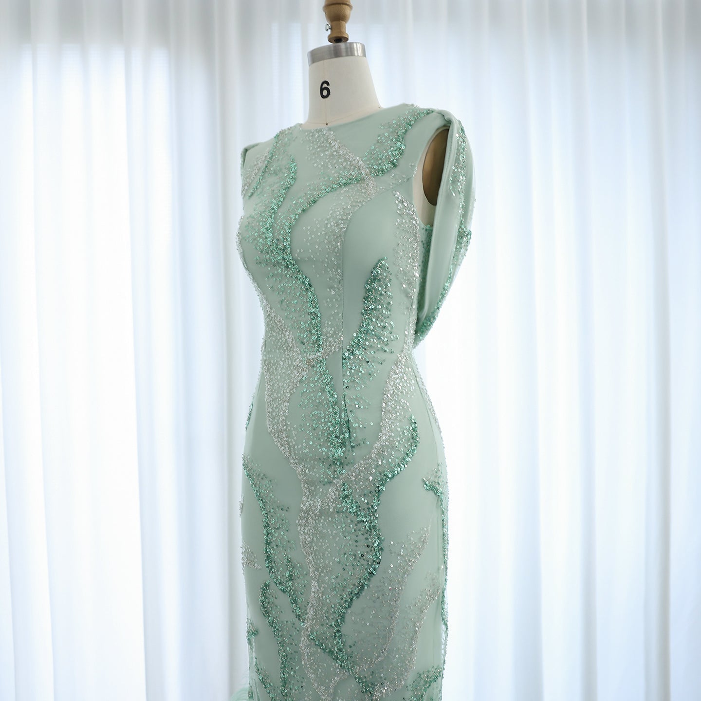 Luxury Feather Sage Green Criss Cross Evening Dress SS436
