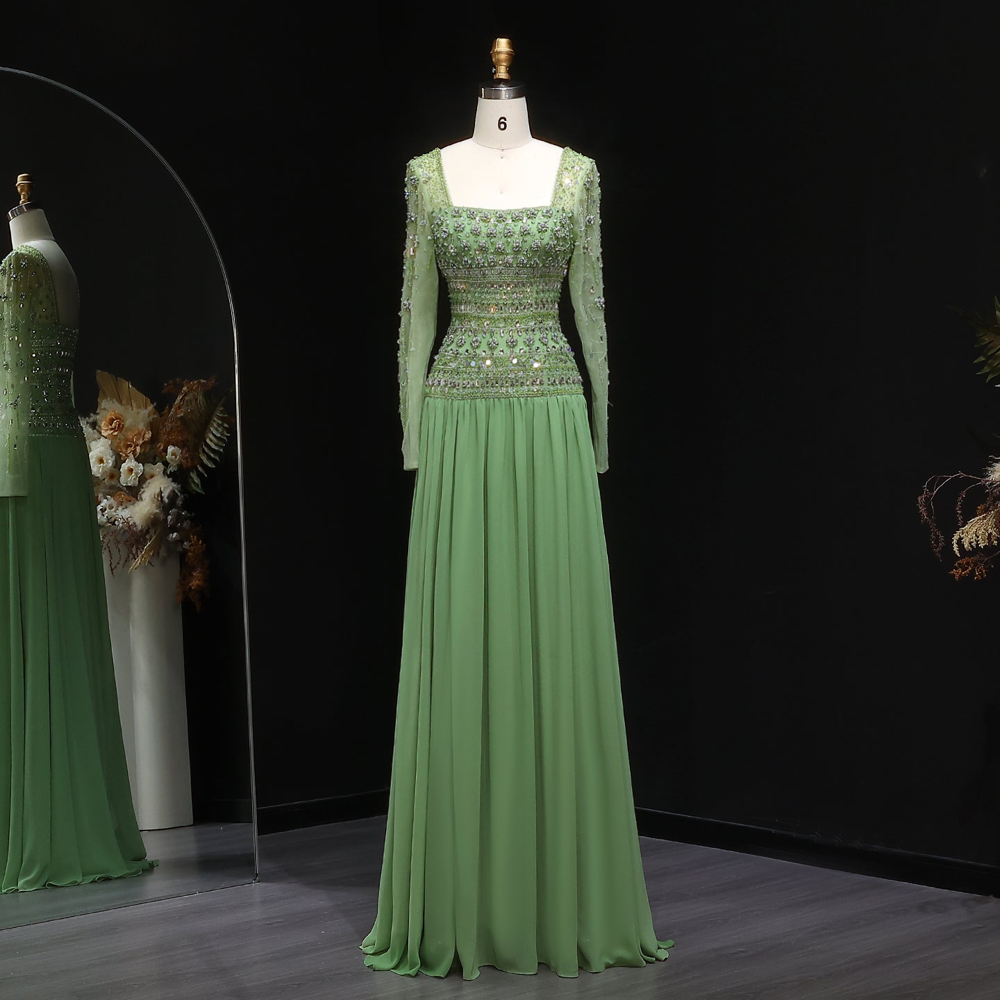 Strapless Lilac Beaded Bodice Evening Dress with Flowing Skirt SS539  Green Long Sleeve / US 18